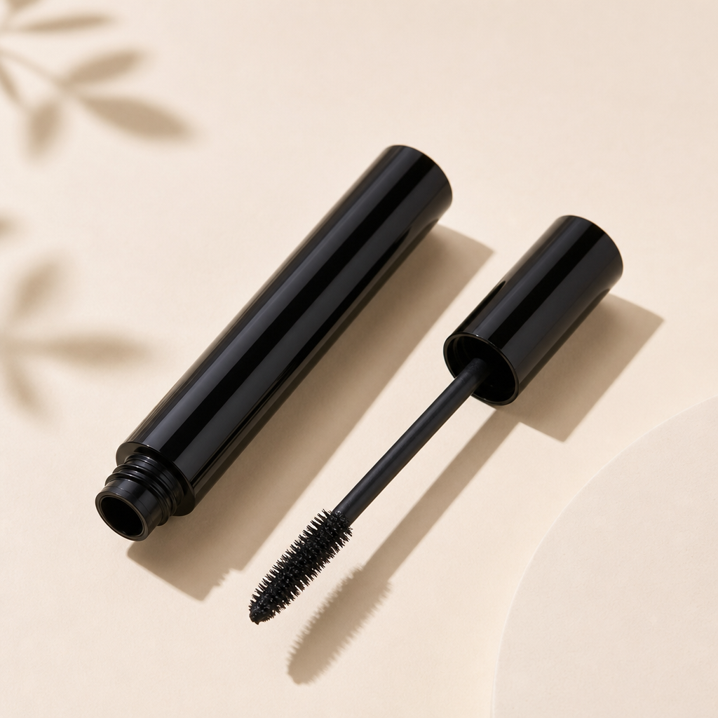 Sleek black tube of mascara with a clean brush on a pale surface