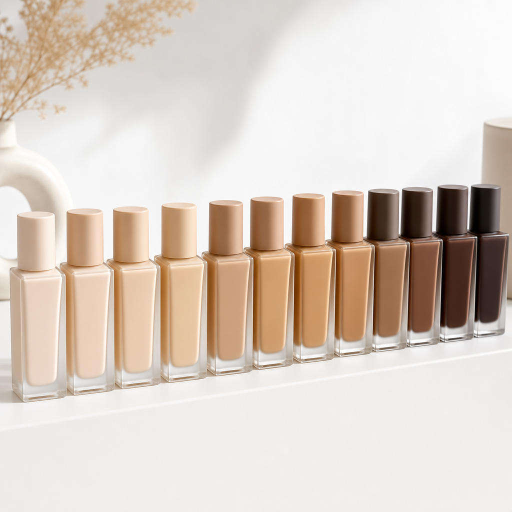 Neutral toned foundation bottles arranged in a gradient from light to deep