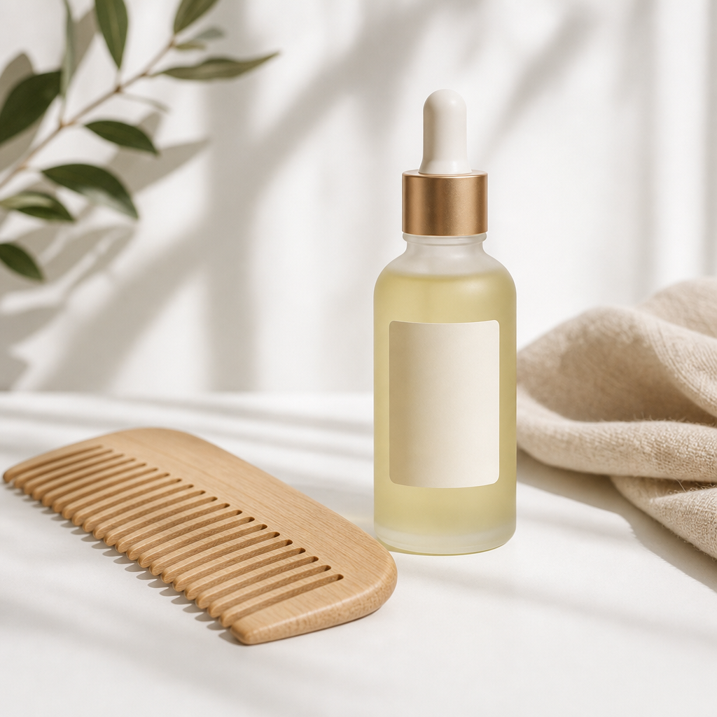 Matte glass bottle of lightweight hair oil with a wooden comb