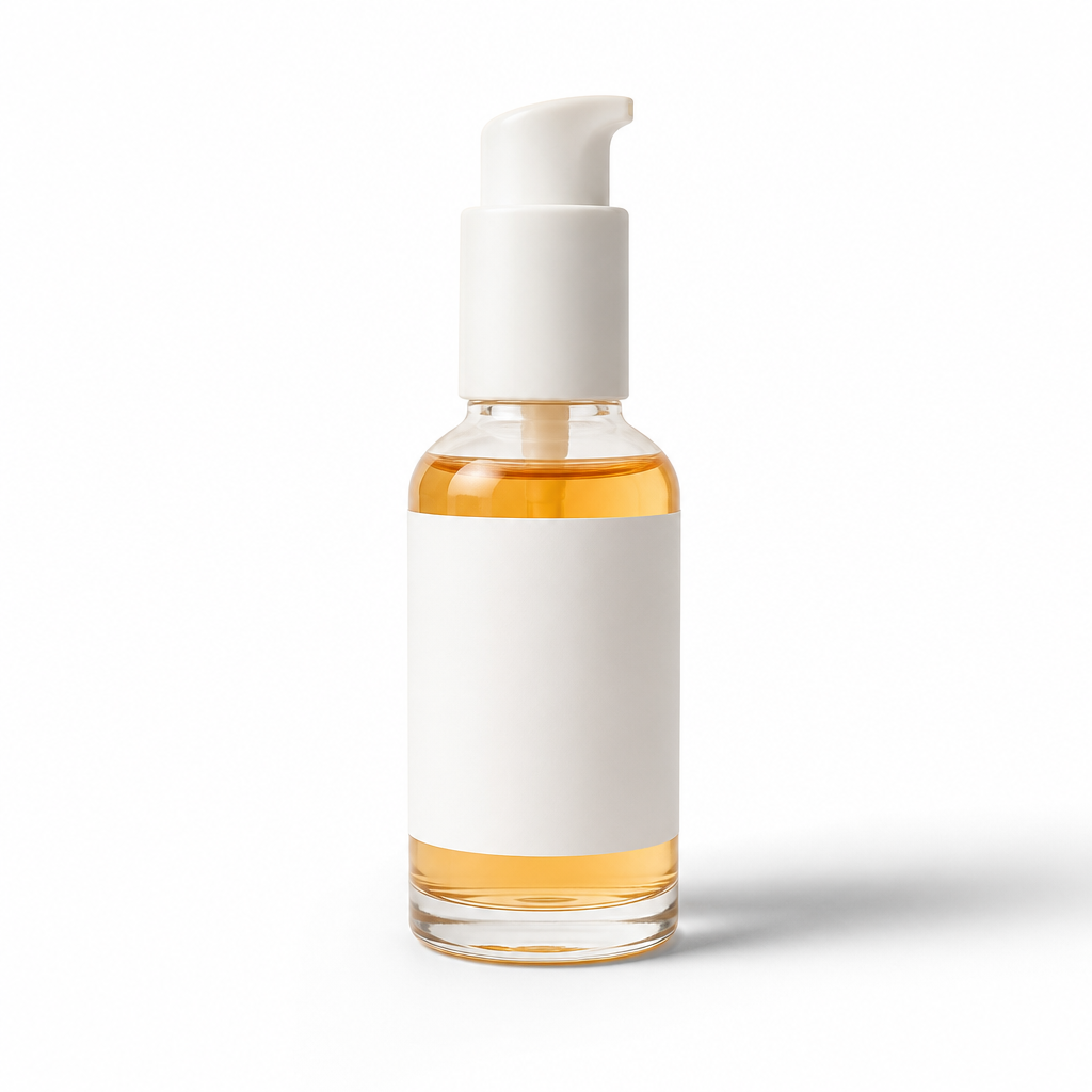 Minimalist glass bottle of vitamin C serum with a soft amber tint, placed on a clean white surface with a subtle shadow.
