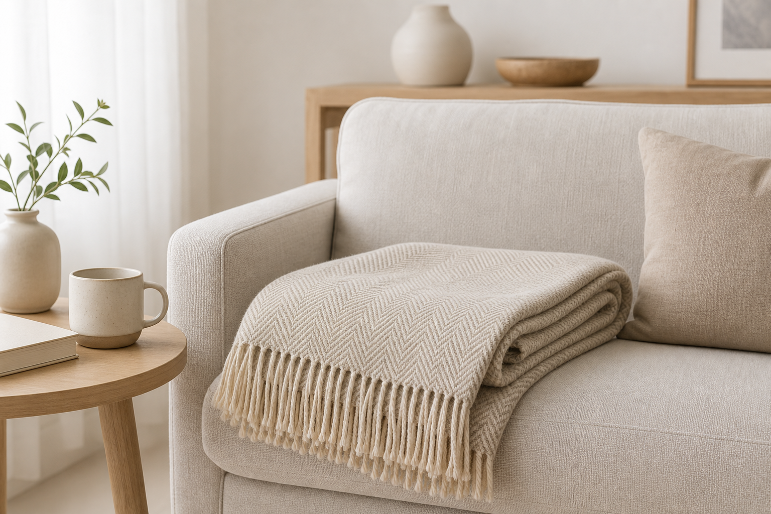 Neutral-toned throw blanket folded on a linen sofa with a ceramic mug nearby