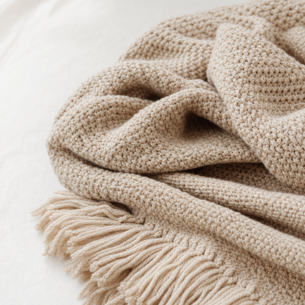 Close-up of a soft knit throw blanket texture in neutral beige tones