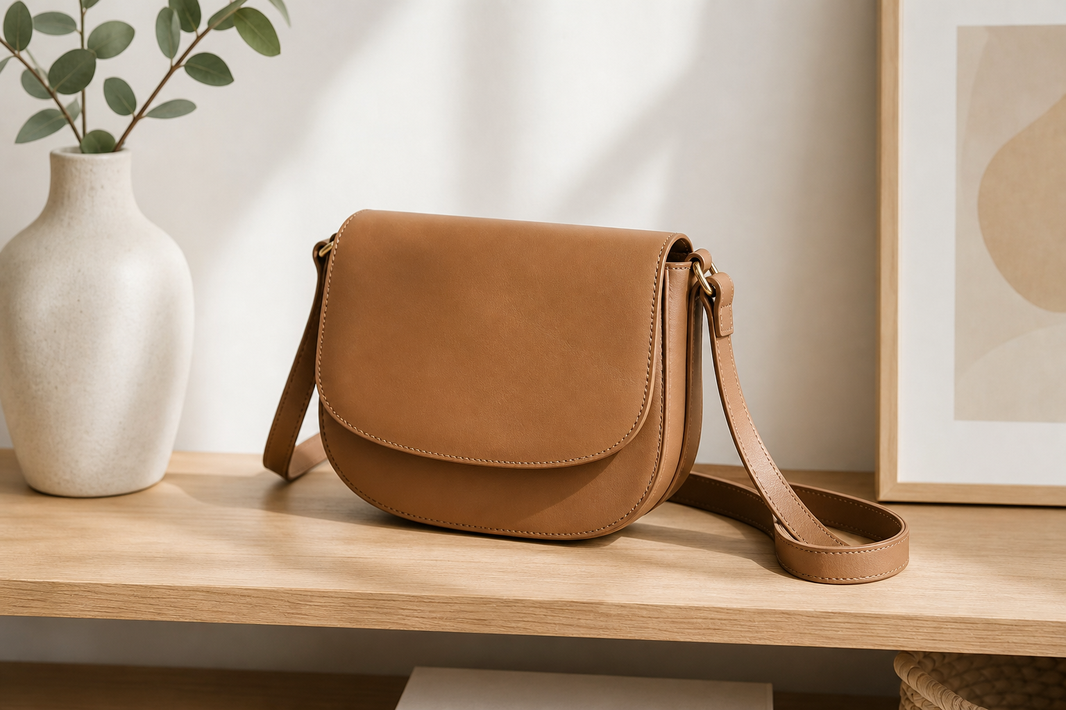 Minimal tan crossbody bag resting on a wooden shelf with soft daylight