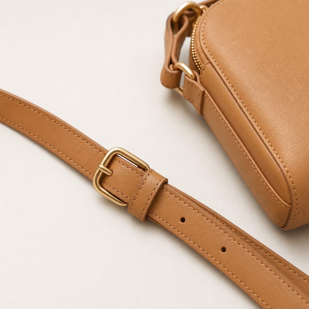 Close-up of a leather crossbody bag strap and buckle in tan