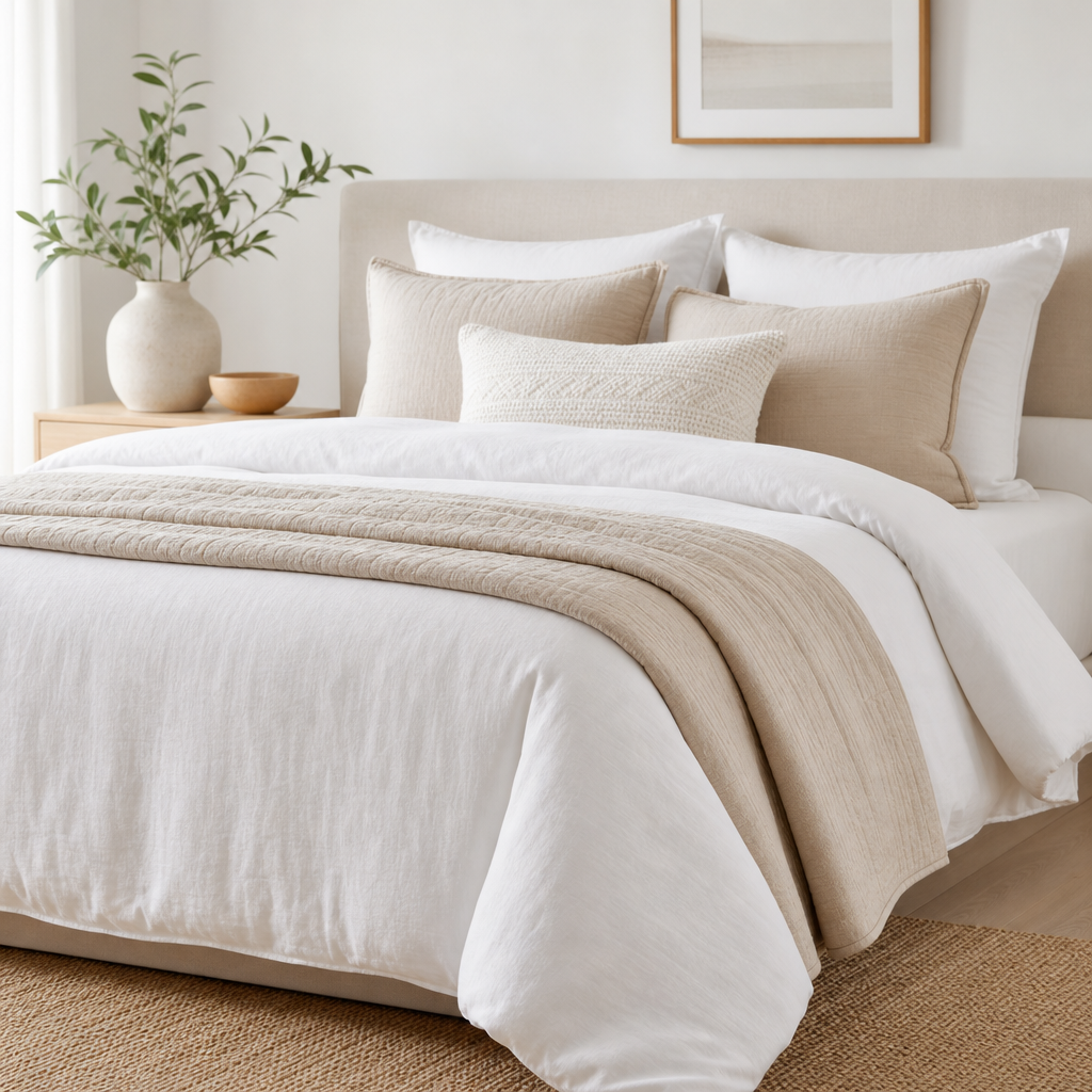 Layered bedding set in white and sand tones on a neatly made bed