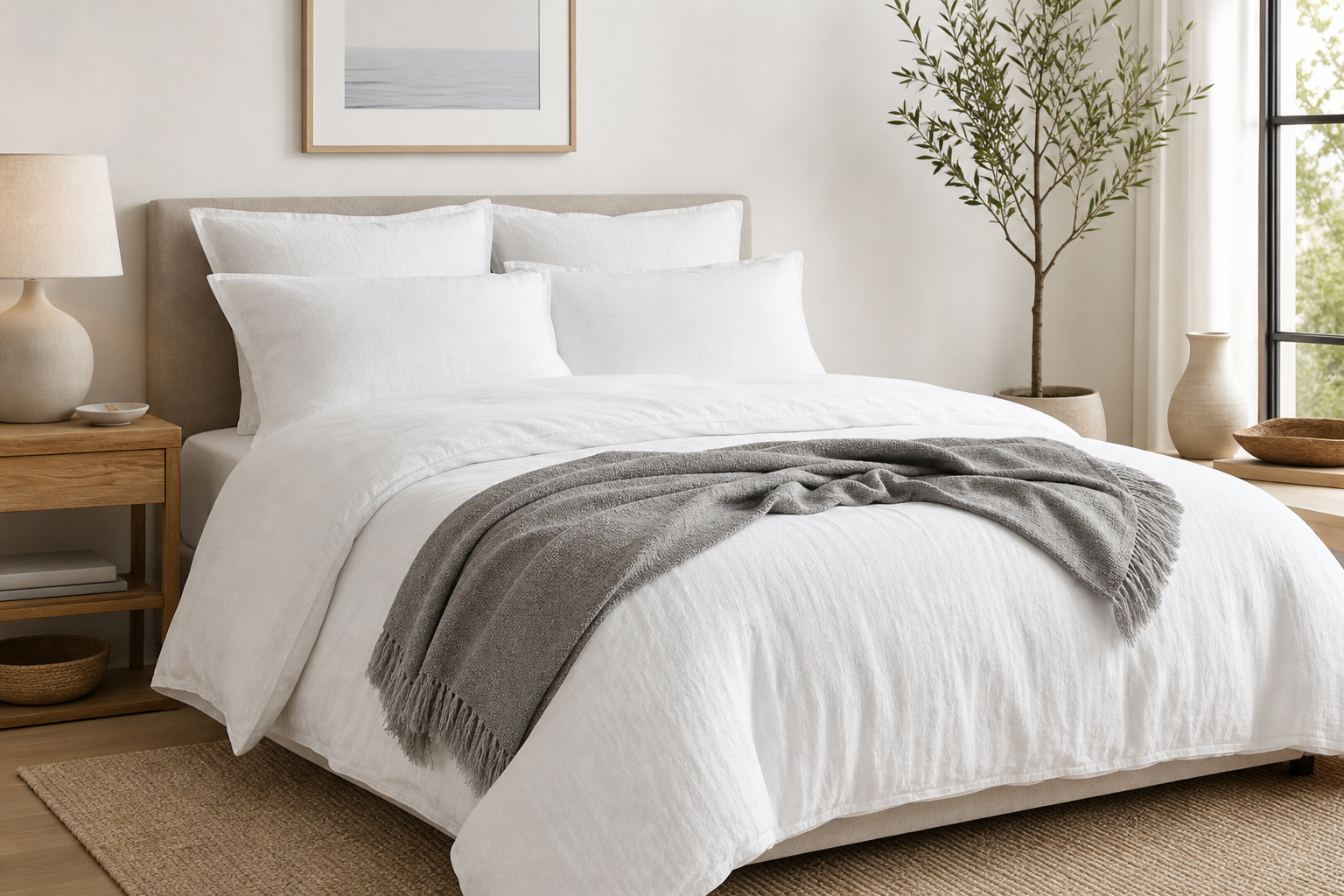 Crisp white linen duvet set with soft gray throw