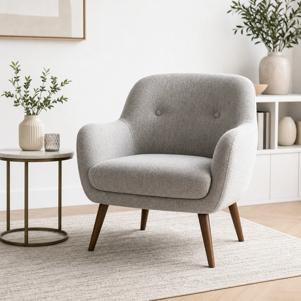 Soft gray accent chair with textured upholstery beside a neutral rug