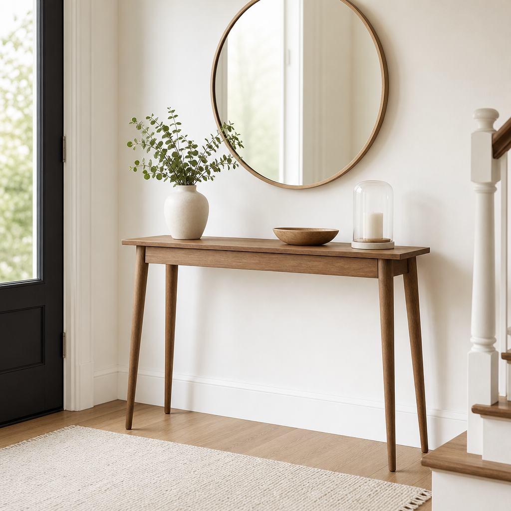 Slim wood console table with tapered legs in a bright entryway