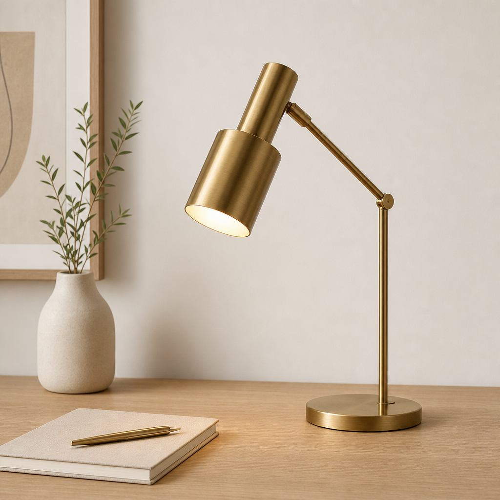 Slim brass desk lamp with an angled arm on a light oak desk