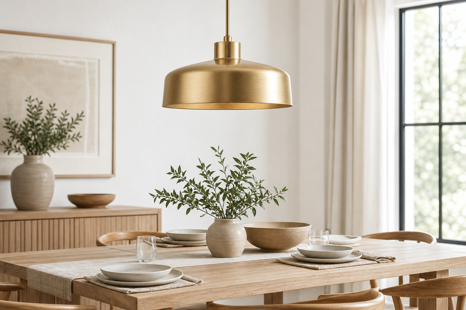 Brushed brass pendant light above a wooden dining table