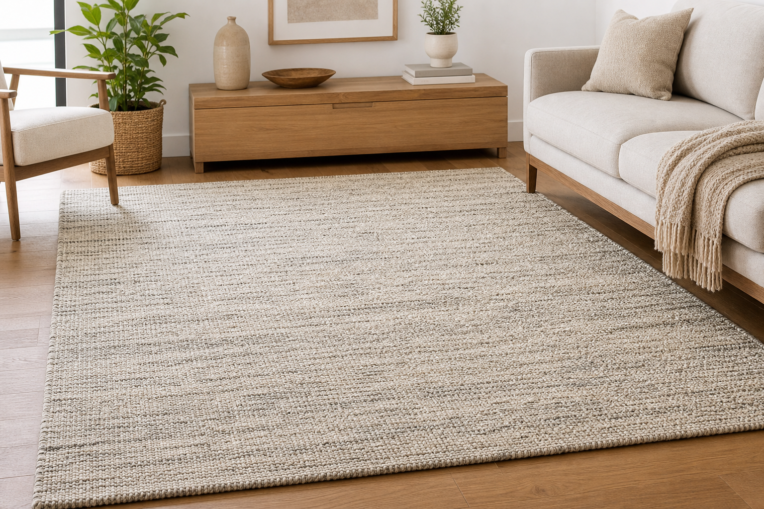 Handwoven ivory and taupe area rug on hardwood floor