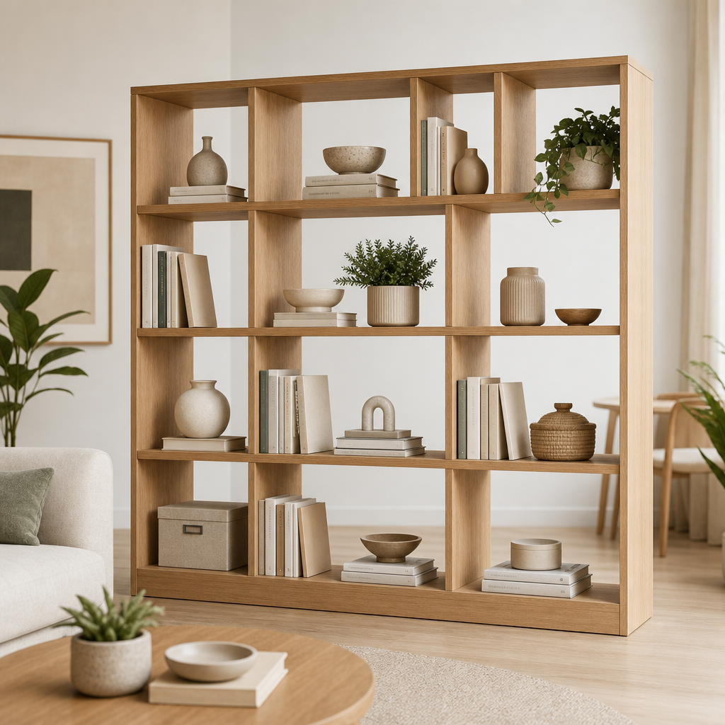 Modular wood shelving with open cubbies styled with books and ceramics