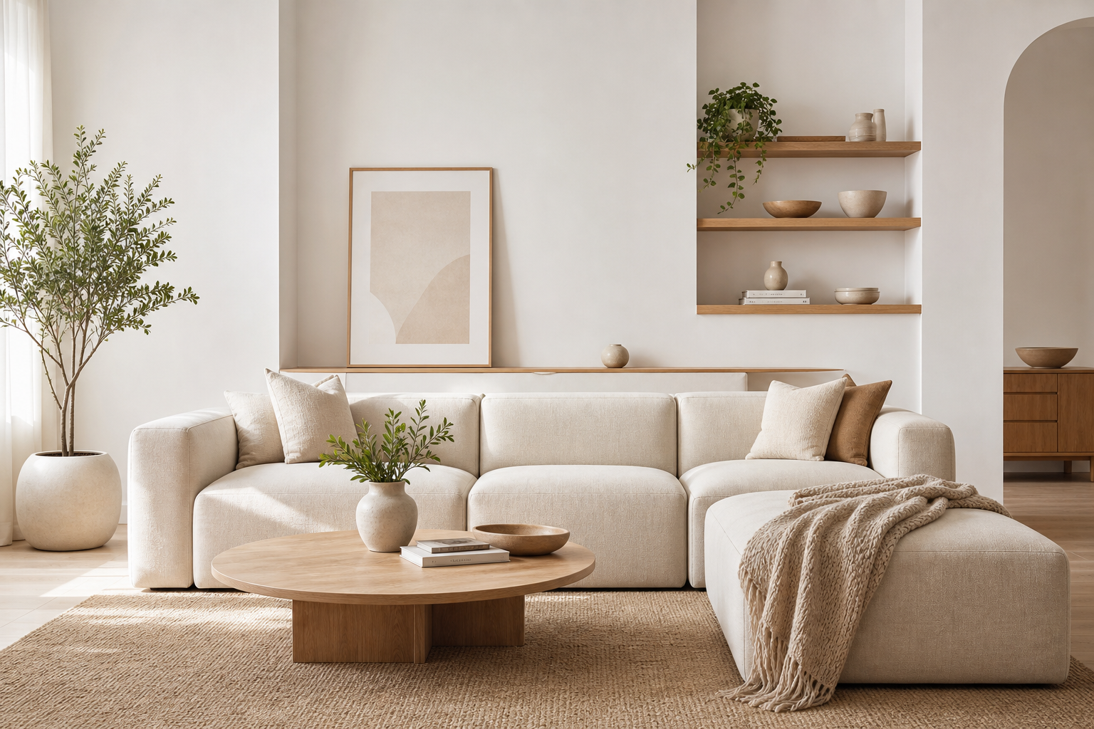 Neutral linen modular sofa in a bright living room