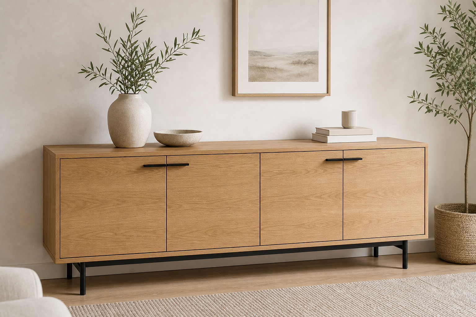 Oak wood sideboard with slim matte black hardware