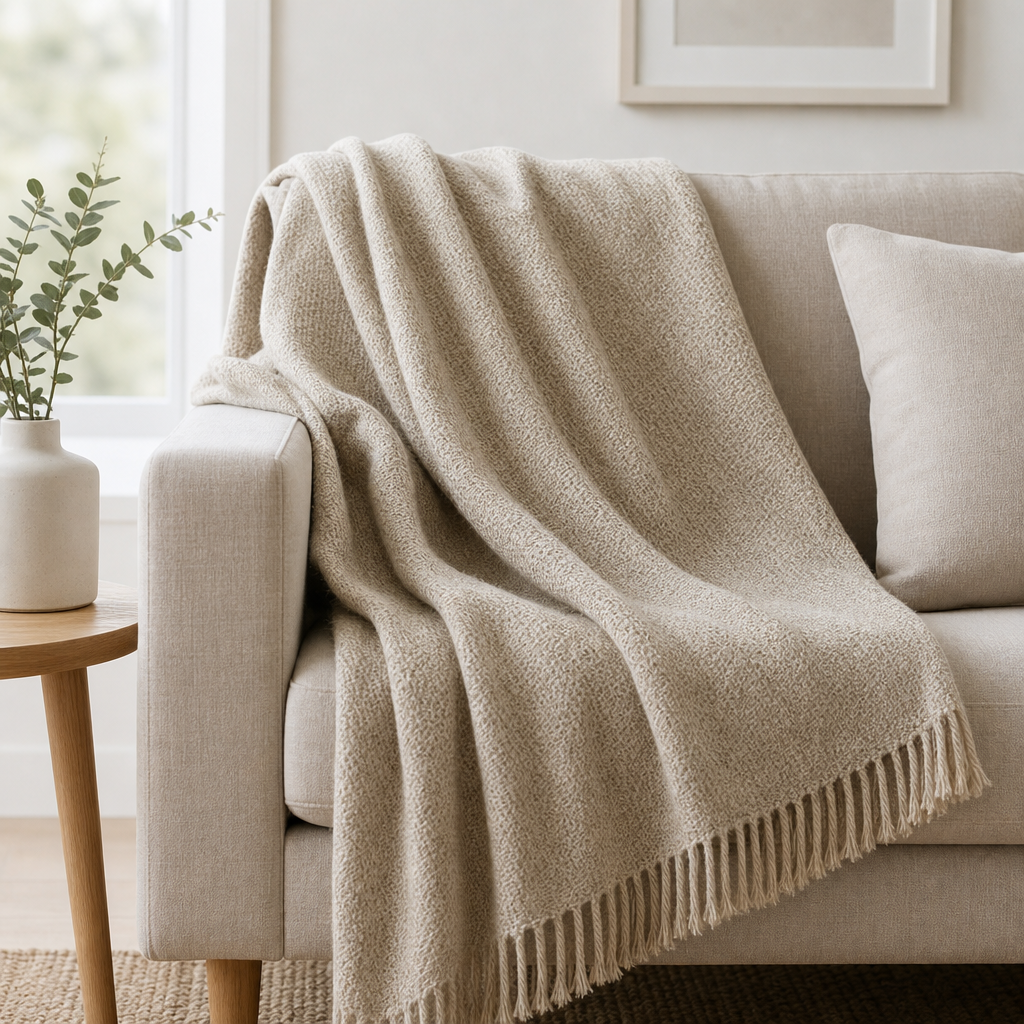 Neutral woven throw blanket draped over a linen sofa