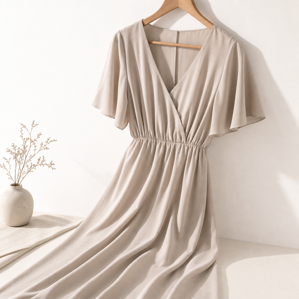 Soft midi dress fabric draped on a hanger in neutral color