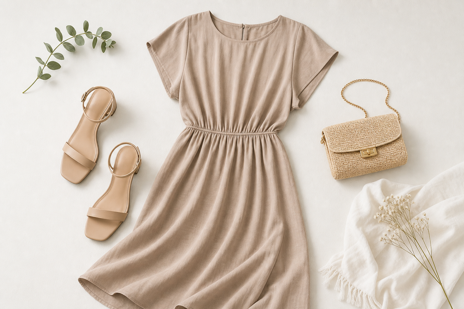 Neutral everyday dress flat-lay with sandals and a small clutch on a light surface