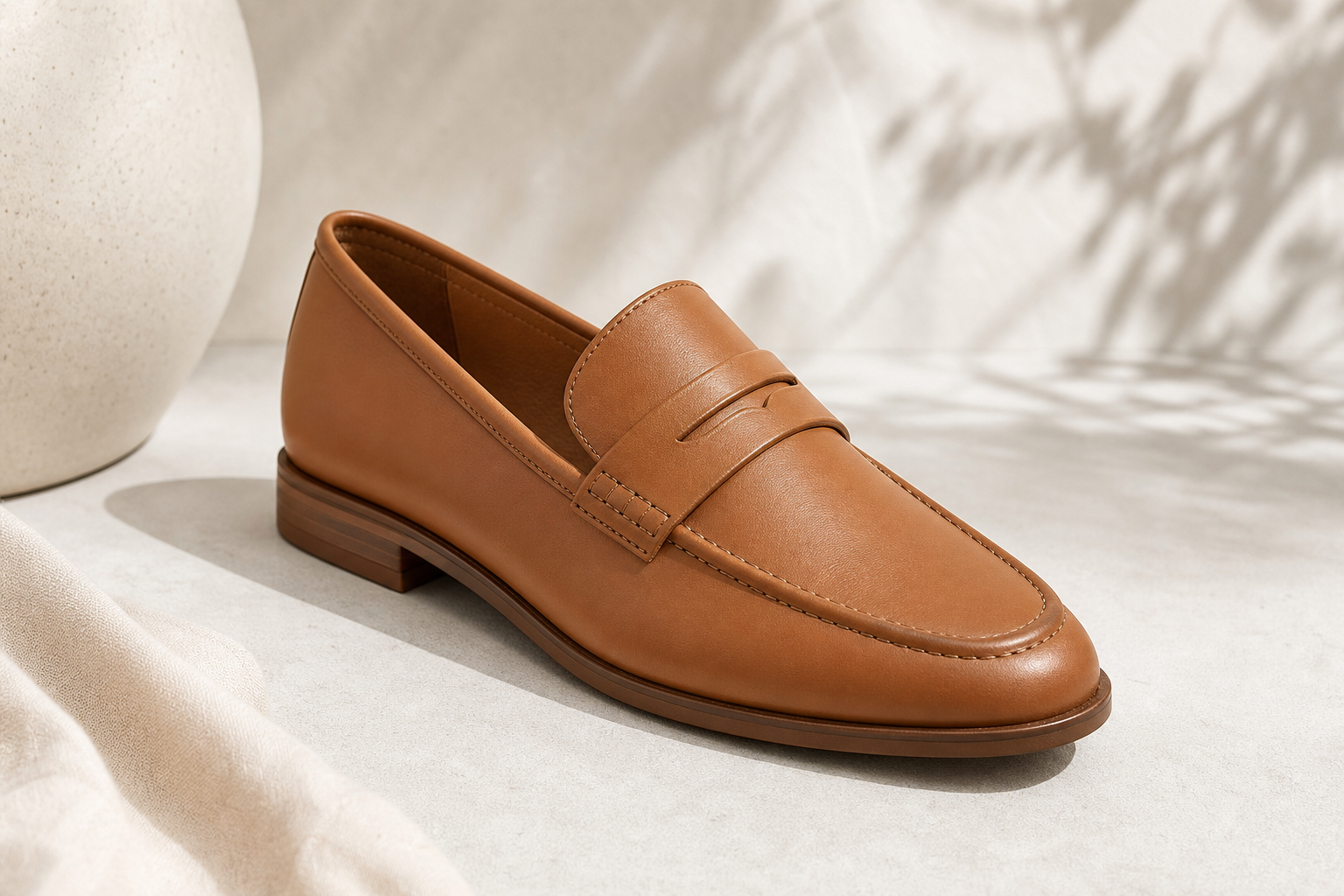 Editorial product photo of a modern leather loafer