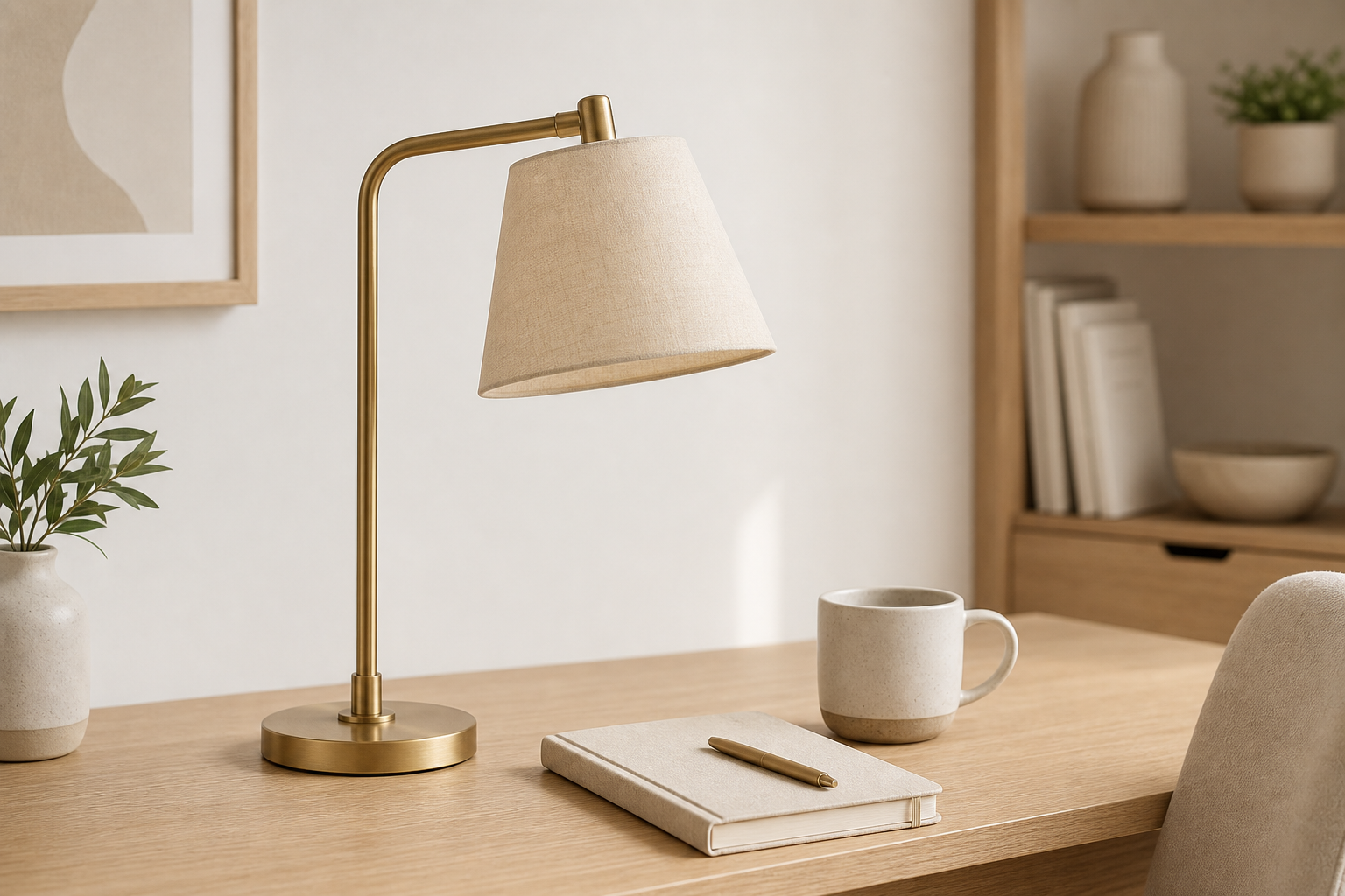 Minimalist brass task lamp and neutral desk styling representing featured home decor review