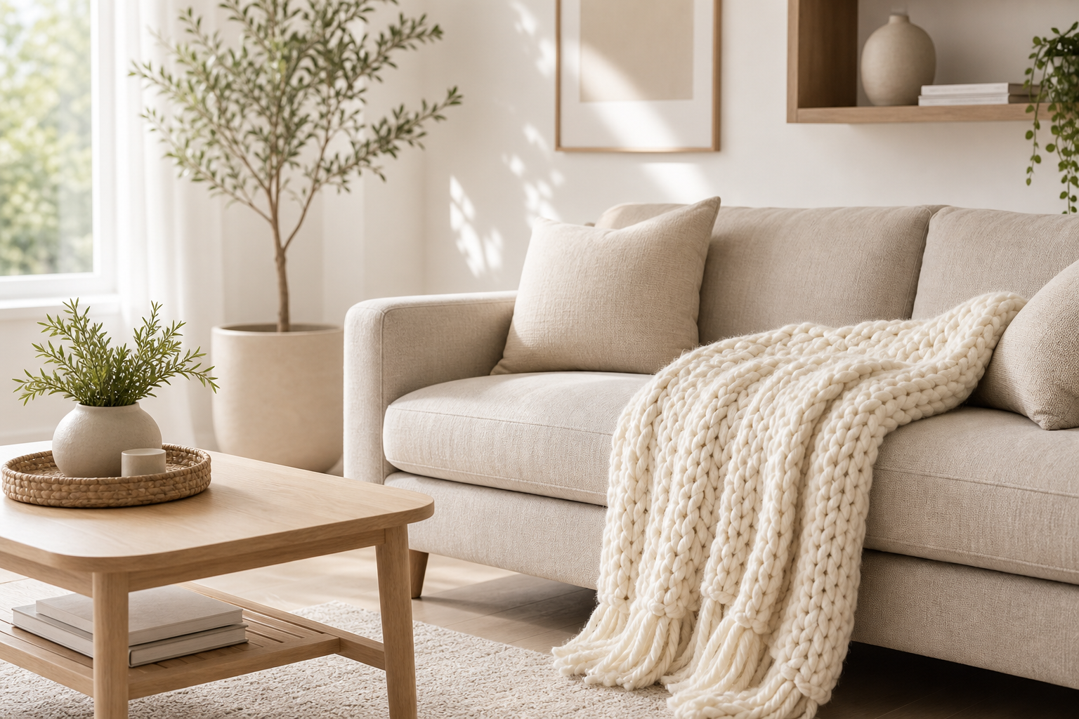Sunlit living room with a beige linen sofa and a chunky knit cream throw blanket draped over the arm