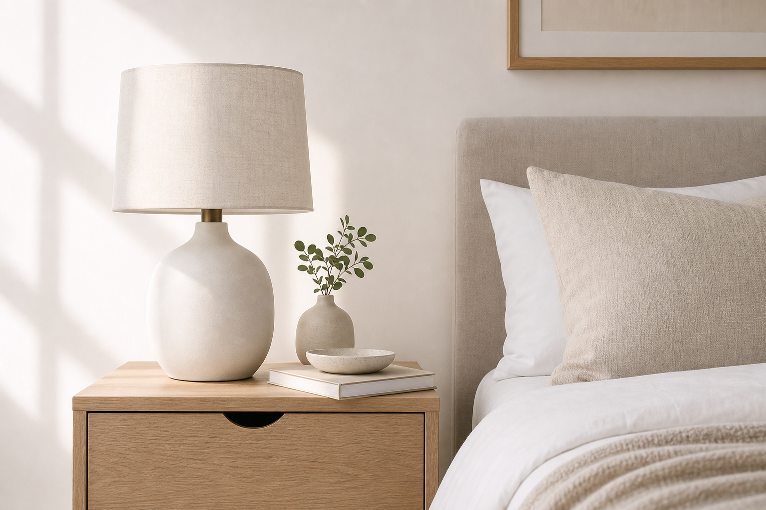 Modern bedside table with a matte white ceramic lamp and linen shade beside a minimal bed