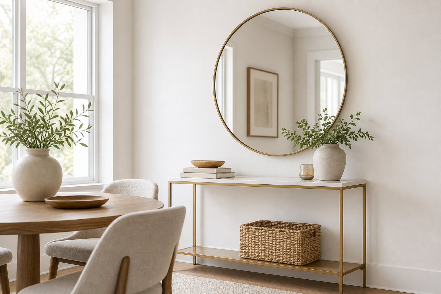 Light-filled dining nook with a large round brass-framed wall mirror above a slim console table