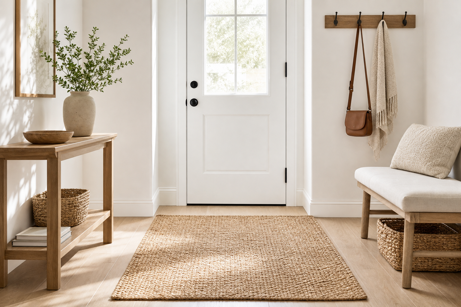 Light entryway with a low-profile woven jute rug and a white door framed by minimal decor