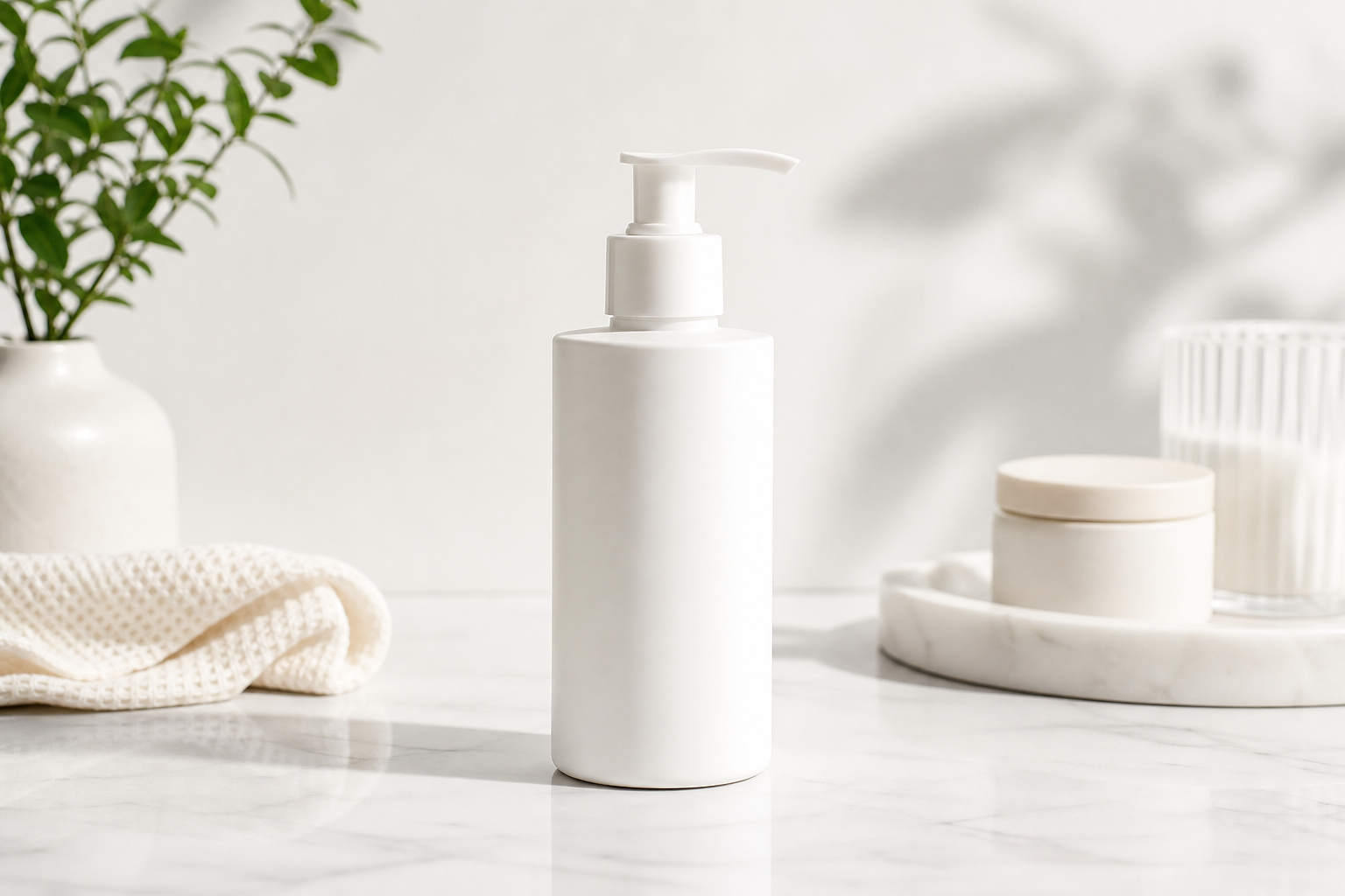 Minimal white moisturizer pump bottle on a clean countertop with soft shadows