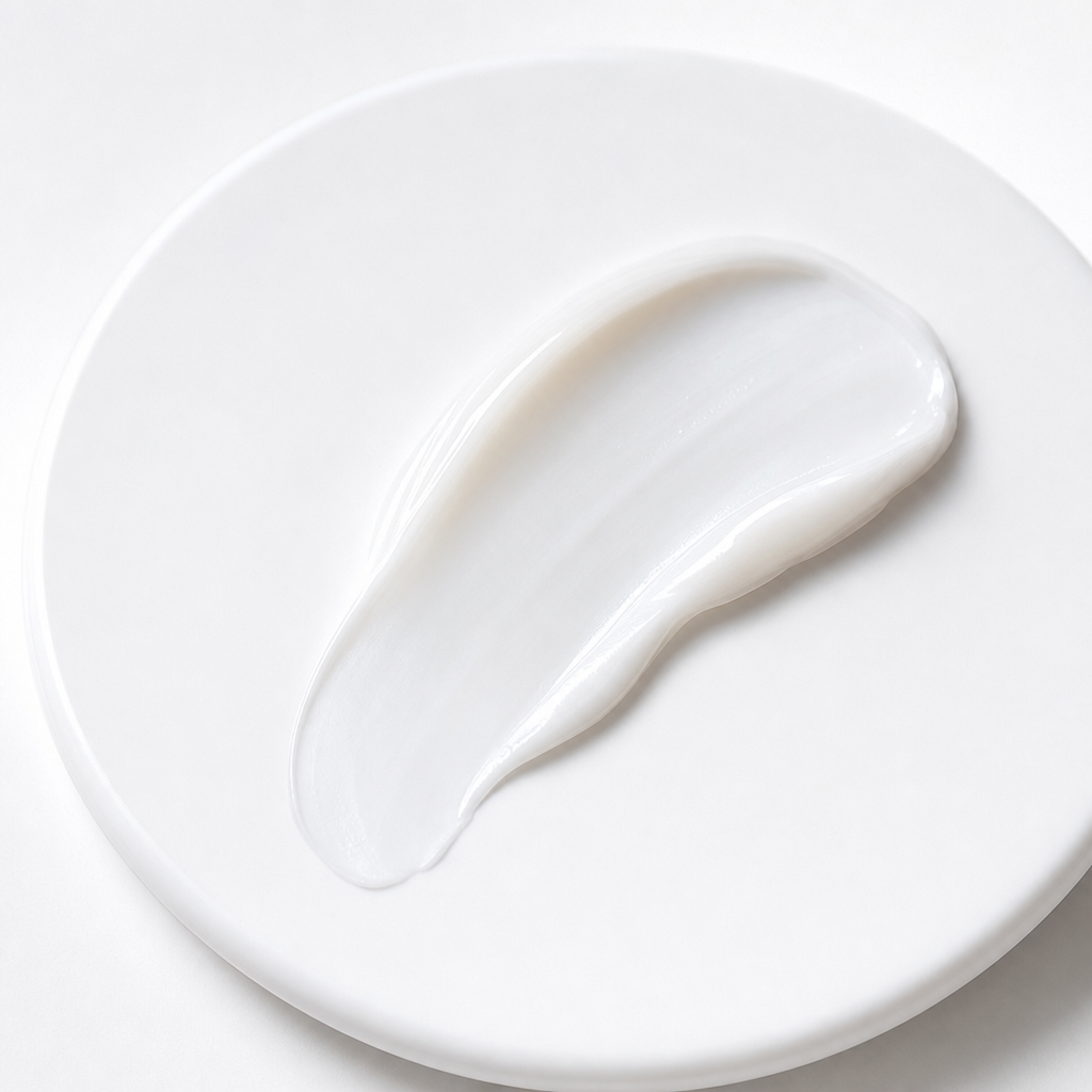 Swatch of lightweight moisturizer on a white palette with soft lighting