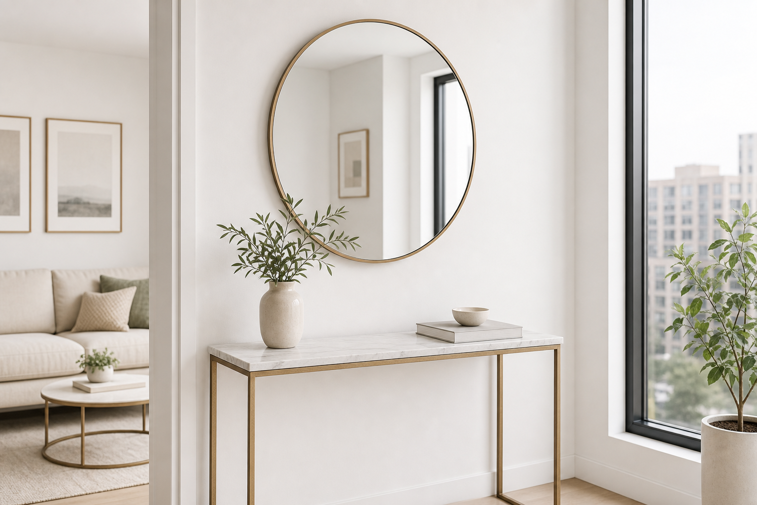Round wall mirror above a small console table in a bright apartment corner
