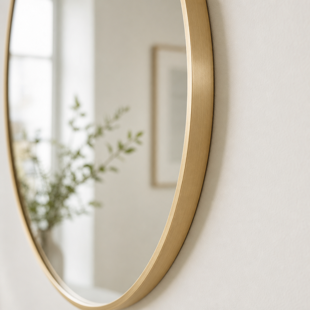Detail of a thin brass wall mirror frame against a light wall