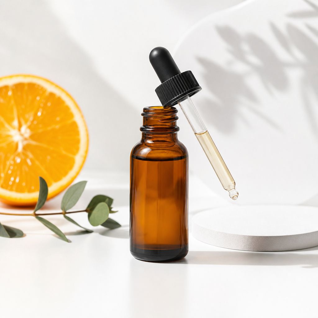 Amber glass vitamin C serum bottle with dropper on a clean white surface