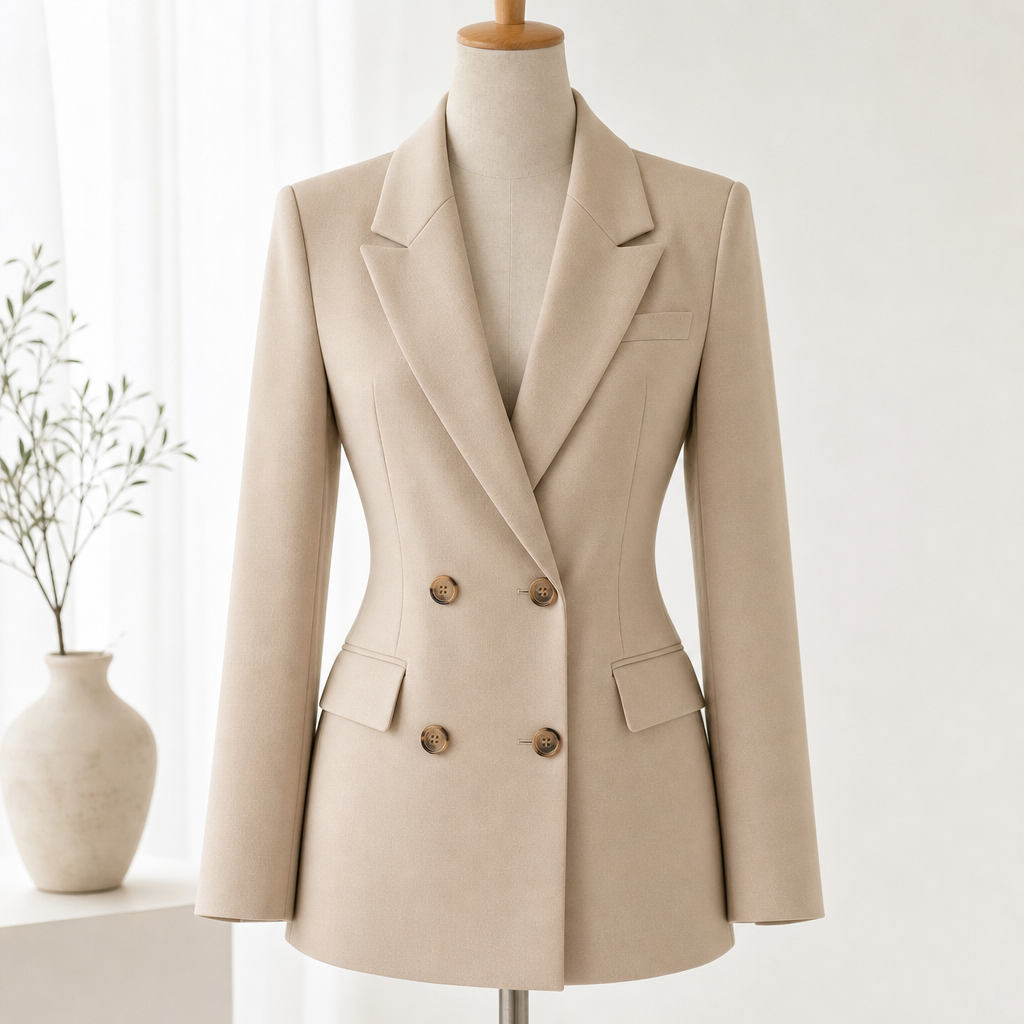 Beige double-breasted blazer styled on a mannequin with subtle tailoring lines