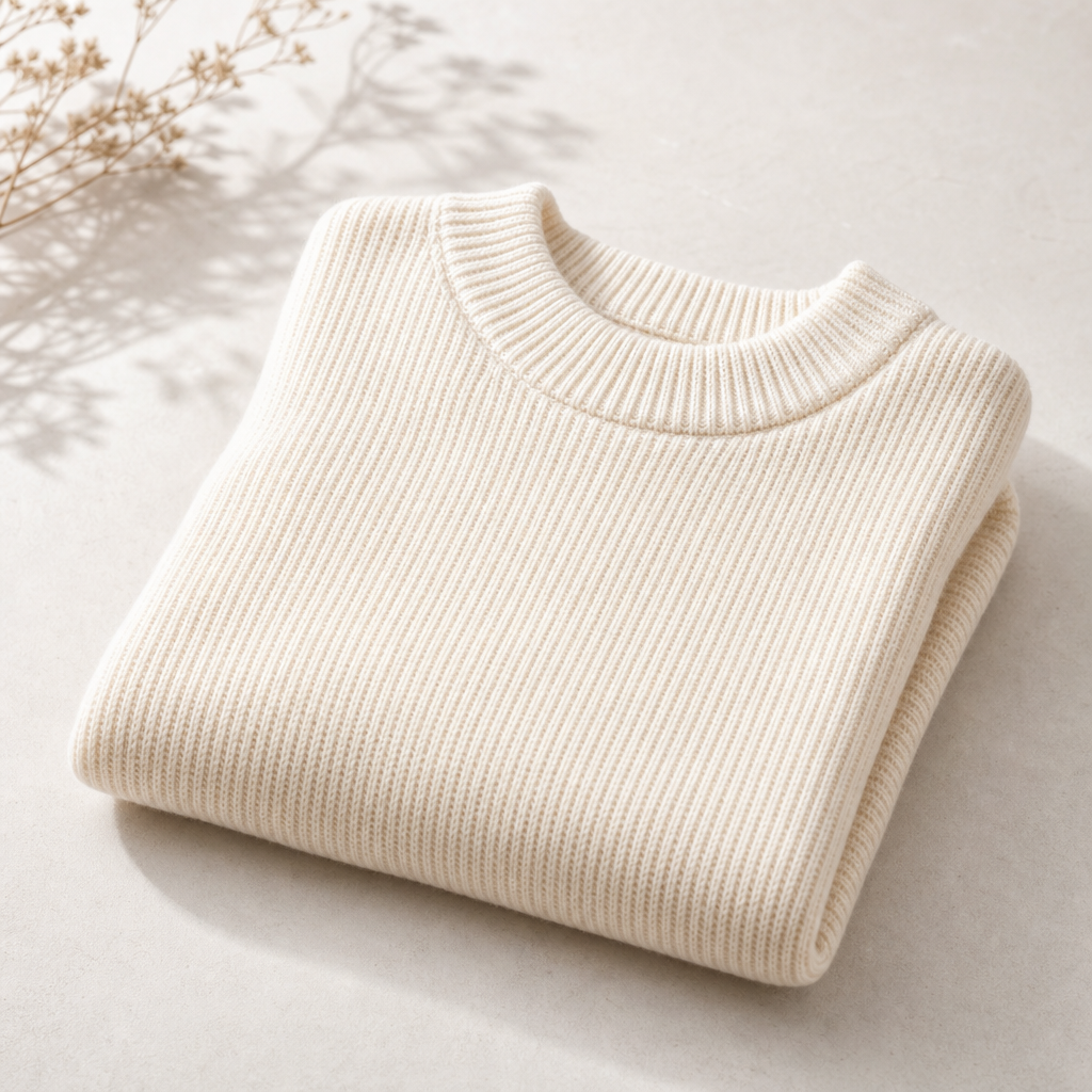 Soft ivory knit sweater folded neatly with visible ribbed texture