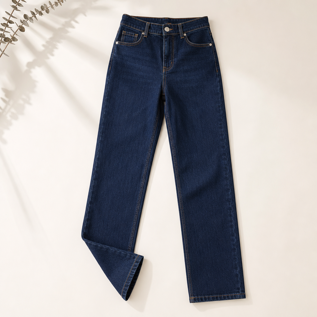 High-waisted dark denim jeans laid flat showing clean stitching and slim leg