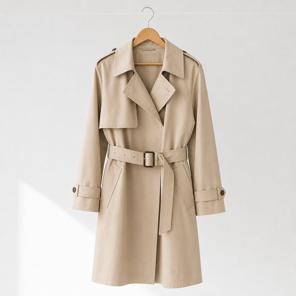 Lightweight beige trench coat hanging on a wooden hanger with belt detail