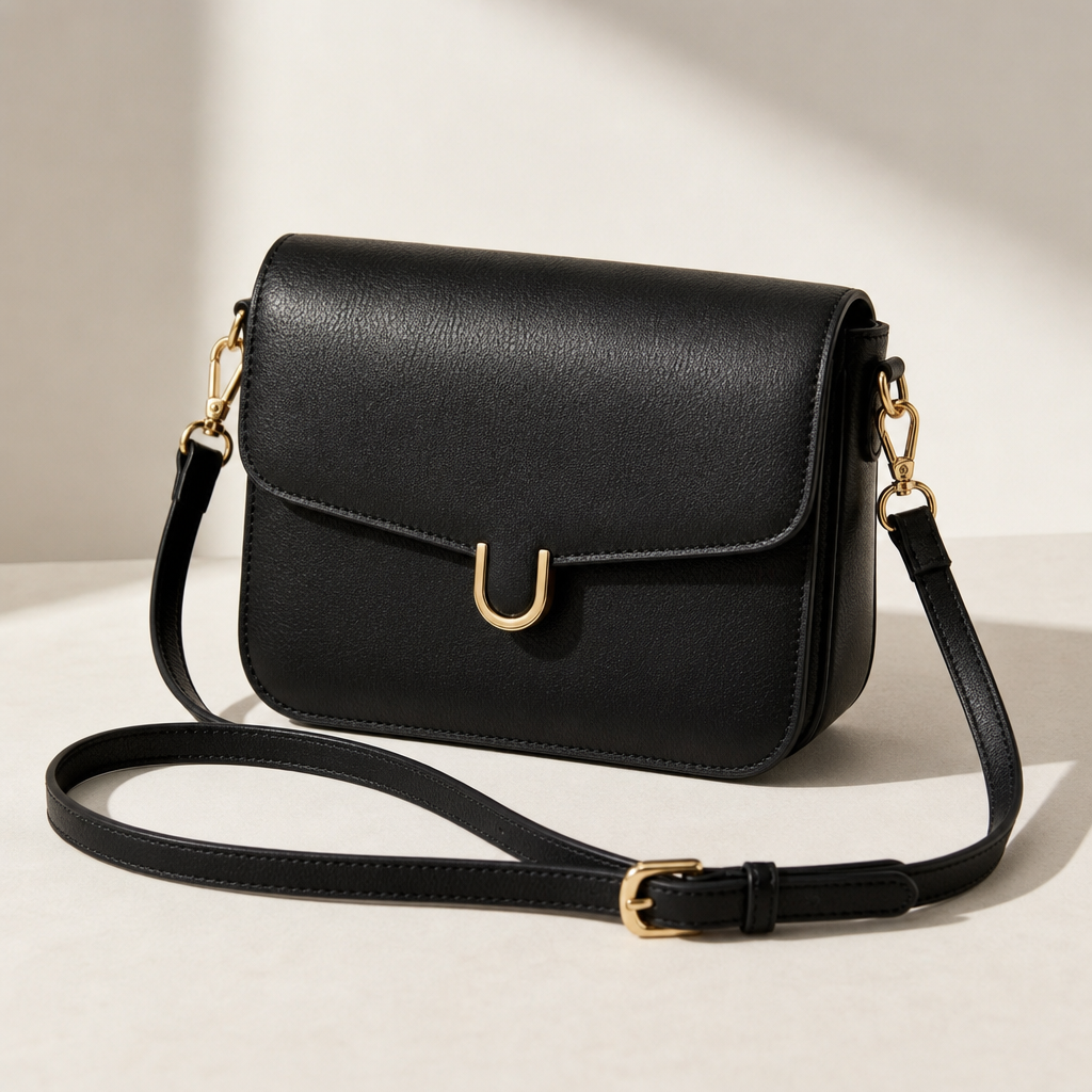 Black leather crossbody bag with gold hardware on a neutral surface