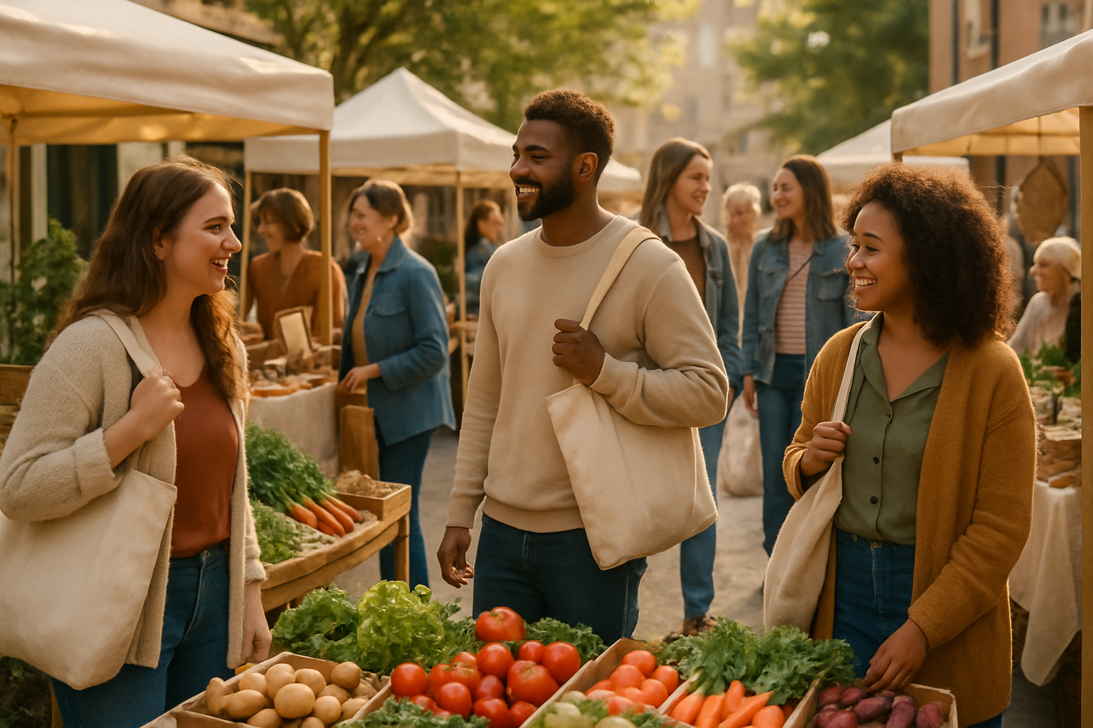 Warm community market scene with local shoppers browsing stalls and carrying reusable bags