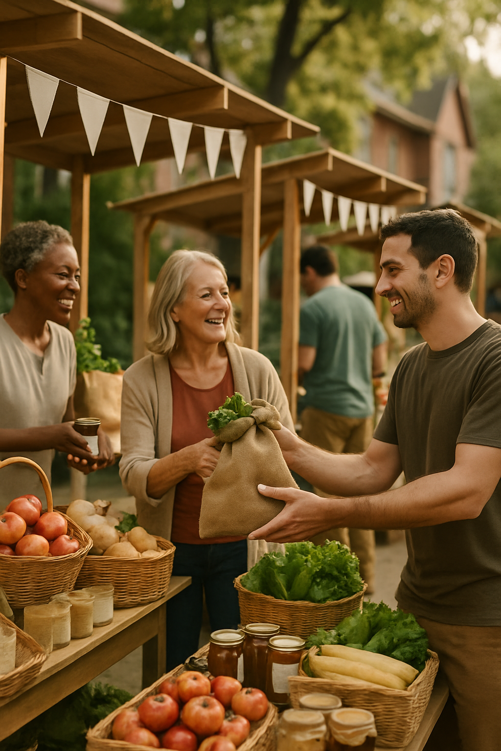 Warm community market scene with local vendors and shoppers exchanging goods
