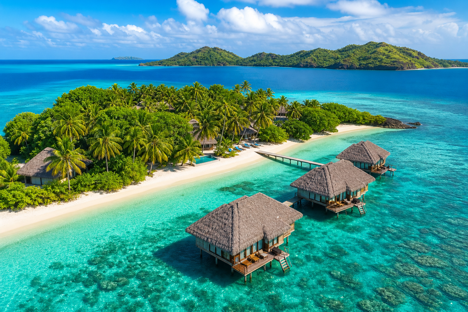 Aerial view of a turquoise lagoon with a palm-lined island and overwater villas in Fiji