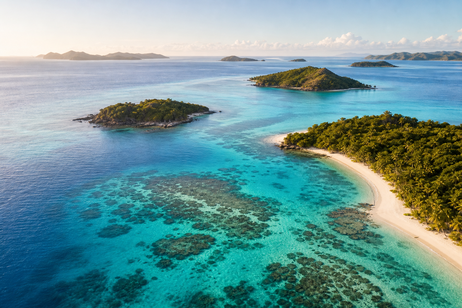 Aerial view of a turquoise Fiji lagoon with coral reefs, small islands, and a white sand shoreline under soft sunlight