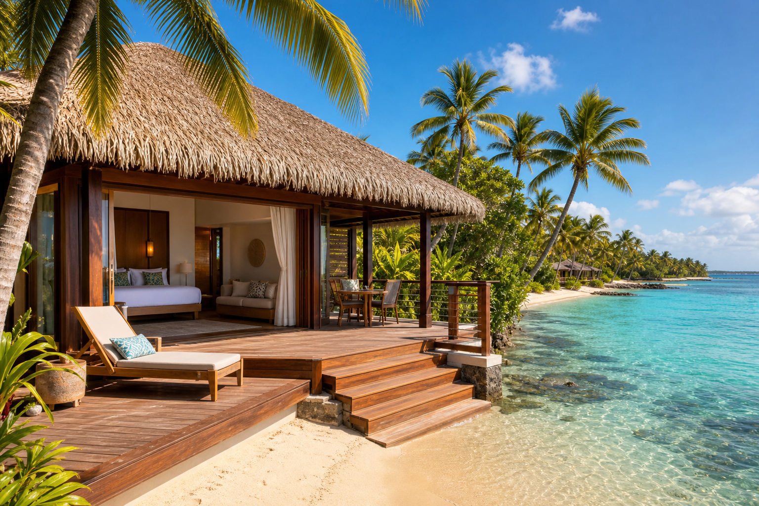 Modern beachfront villa with thatched roof, palm-lined deck, and clear shallow water at Malolo
