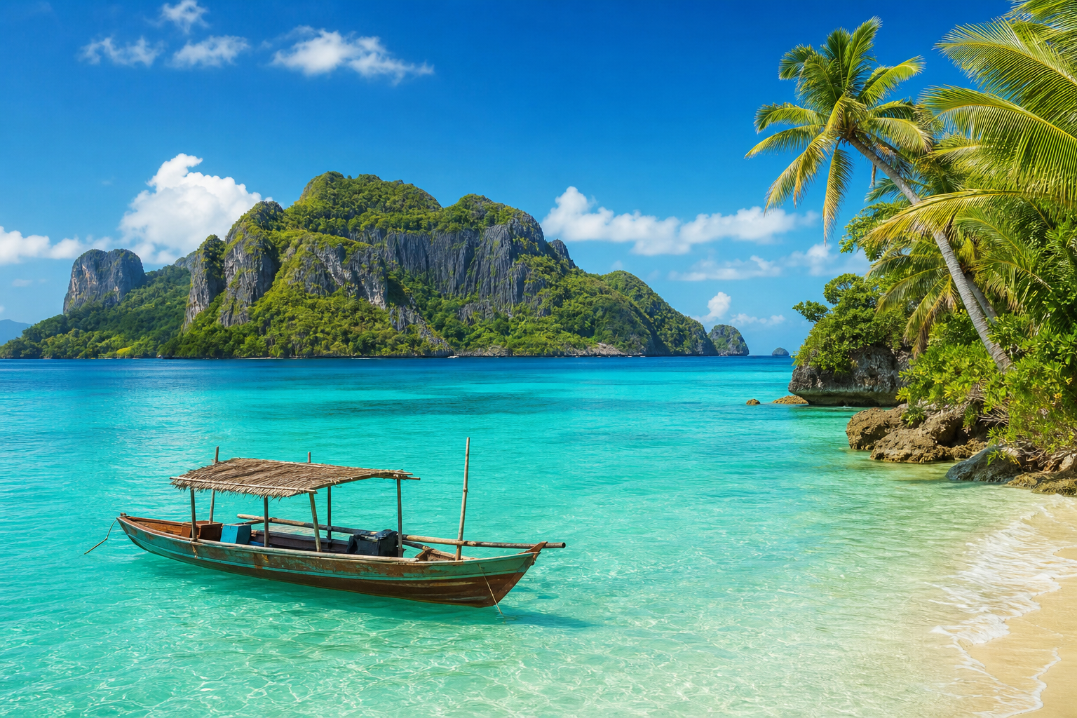 Turquoise lagoon surrounded by rugged Yasawa islands with a small traditional boat on calm water