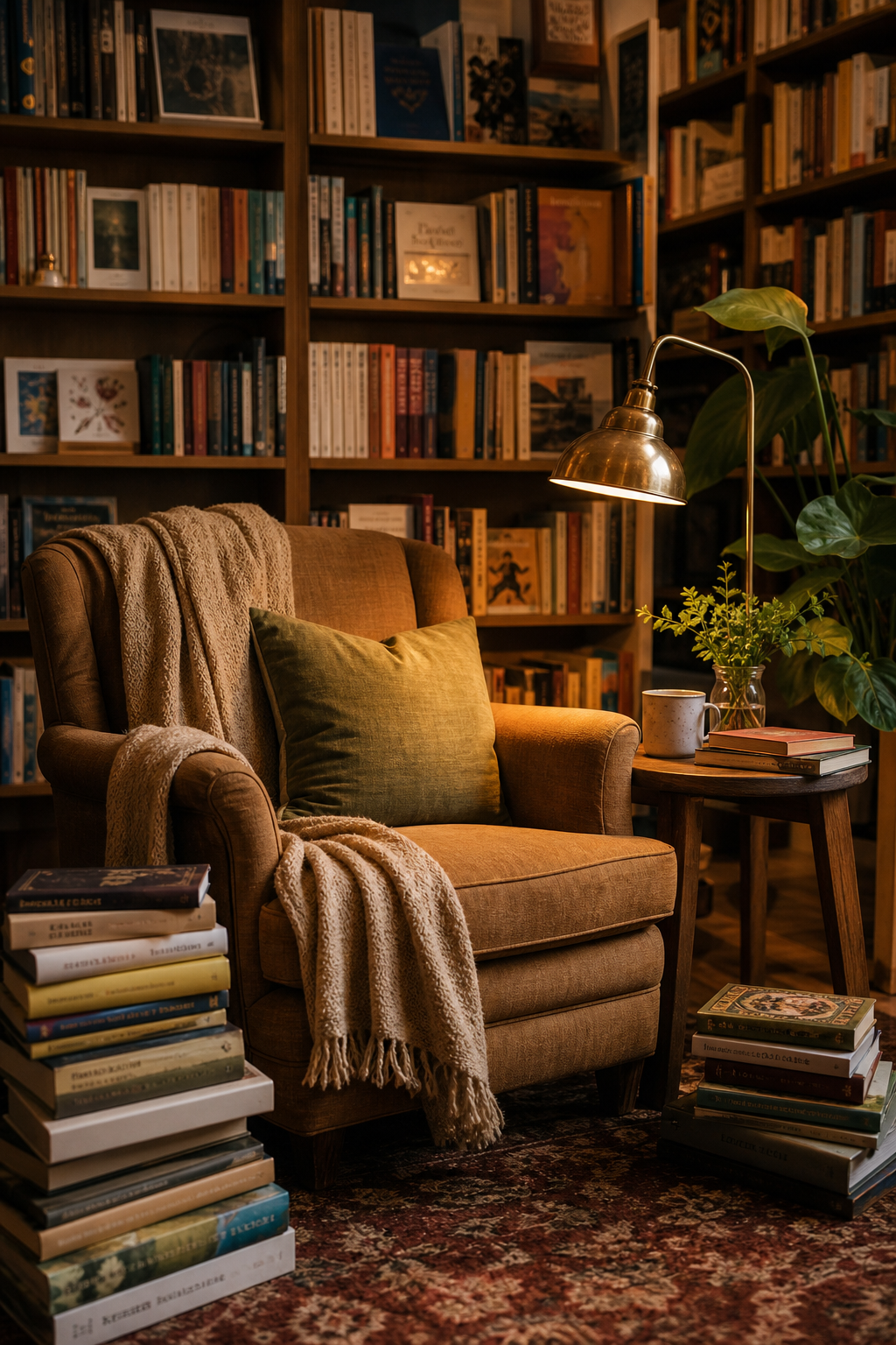 Cozy bookstore reading nook with stacked books, warm lamp light, and inviting armchair atmosphere