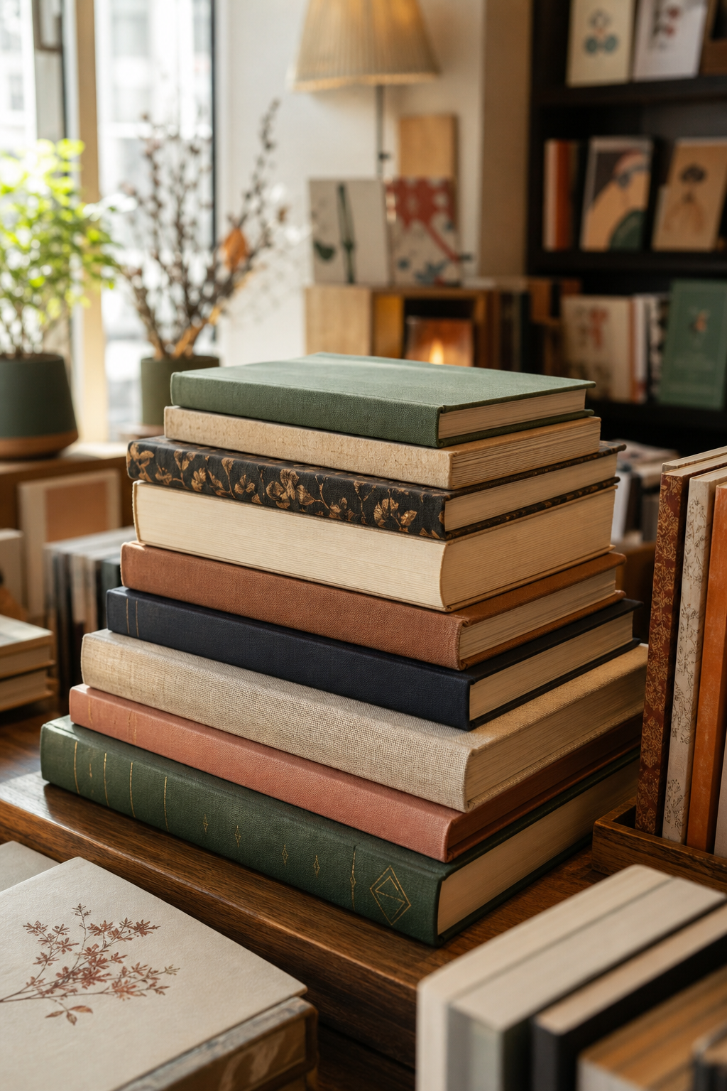 Hand-curated stack of books on a wooden table in warm bookstore light