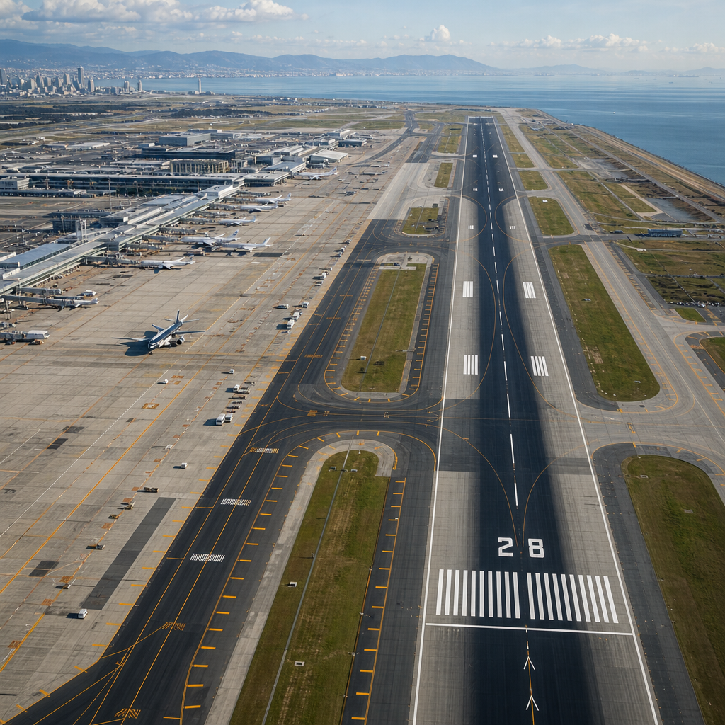 Cinematic aerial view of a major international airport runway with active aircraft taxiing, illuminated guidance markings, and expansive parallel taxiways under crisp daylight