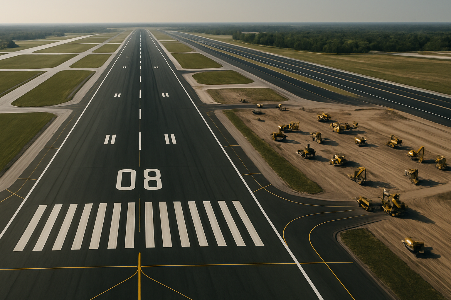 Wide aerial view of a modern airport runway complex with parallel taxiways, clean markings, and adjacent construction equipment under soft daylight