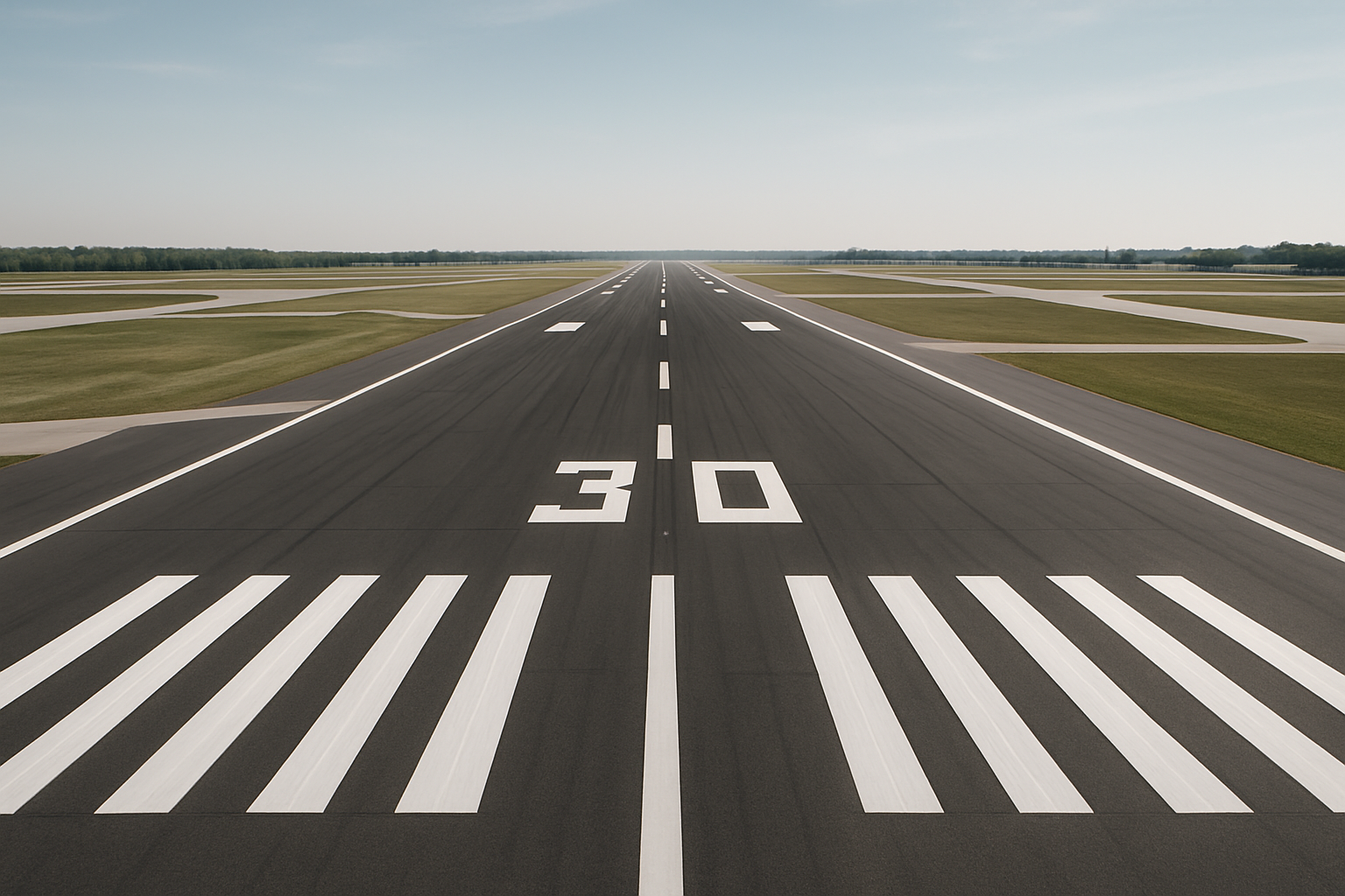 A wide, modern airport runway with clear markings and surrounding taxiways under a bright sky