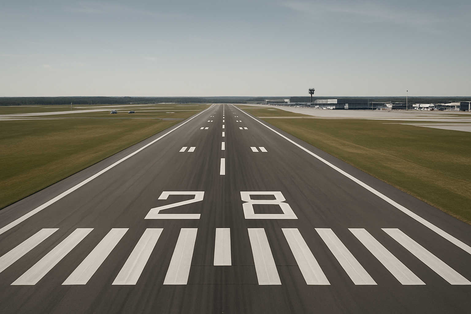 Wide aerial view of a modern airport runway with crisp white markings and service vehicles in the distance