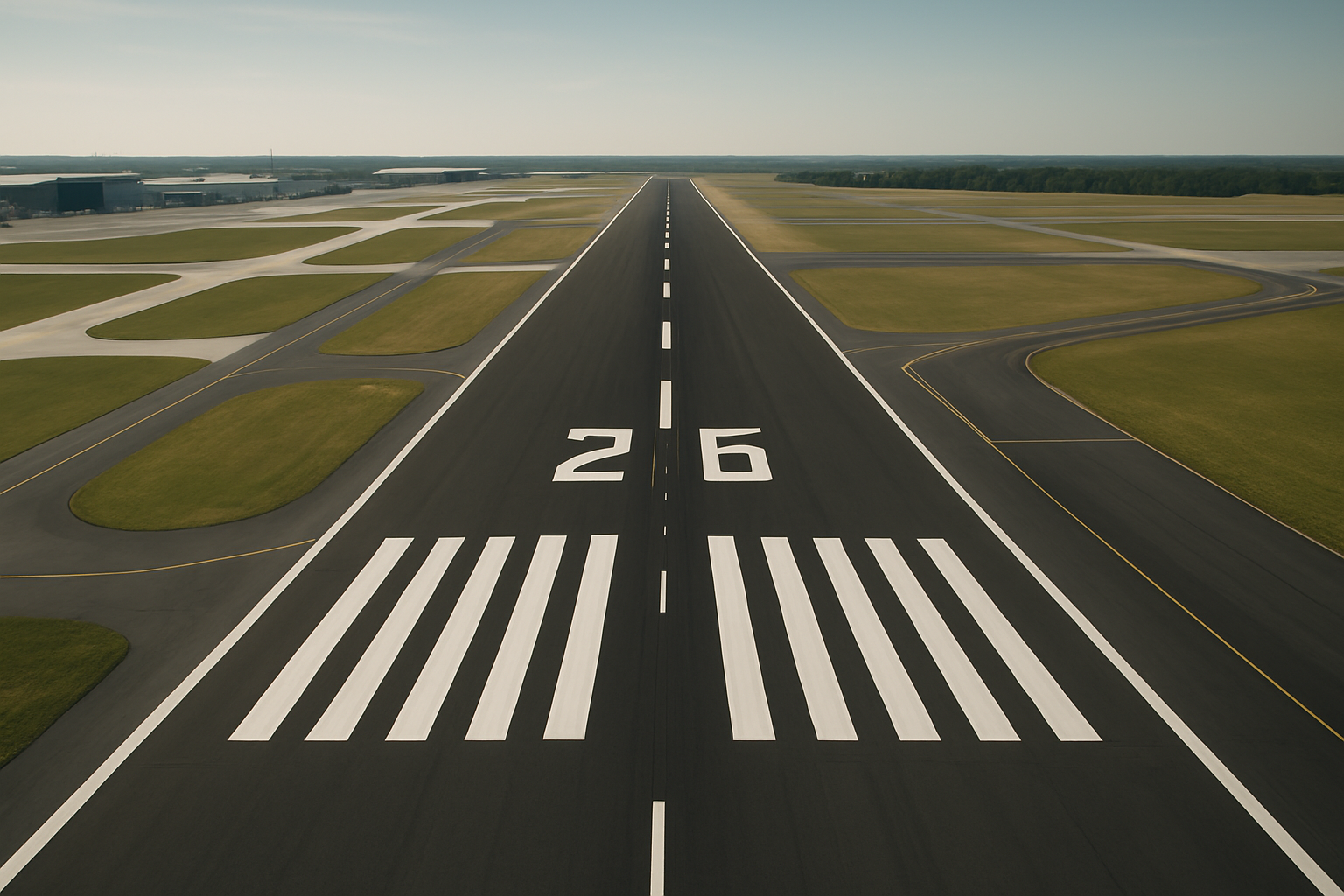 Aerial view of a modern airport runway with clean markings and adjacent taxiways under clear daylight